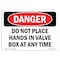 Signmission OSHA, Do Not Place Hands In Valve Box Any Time, 10in X 7in Rigid Plastic, 7" W, 10" L, Landscape OS-DS-P-710-L-1649 - alternate 1